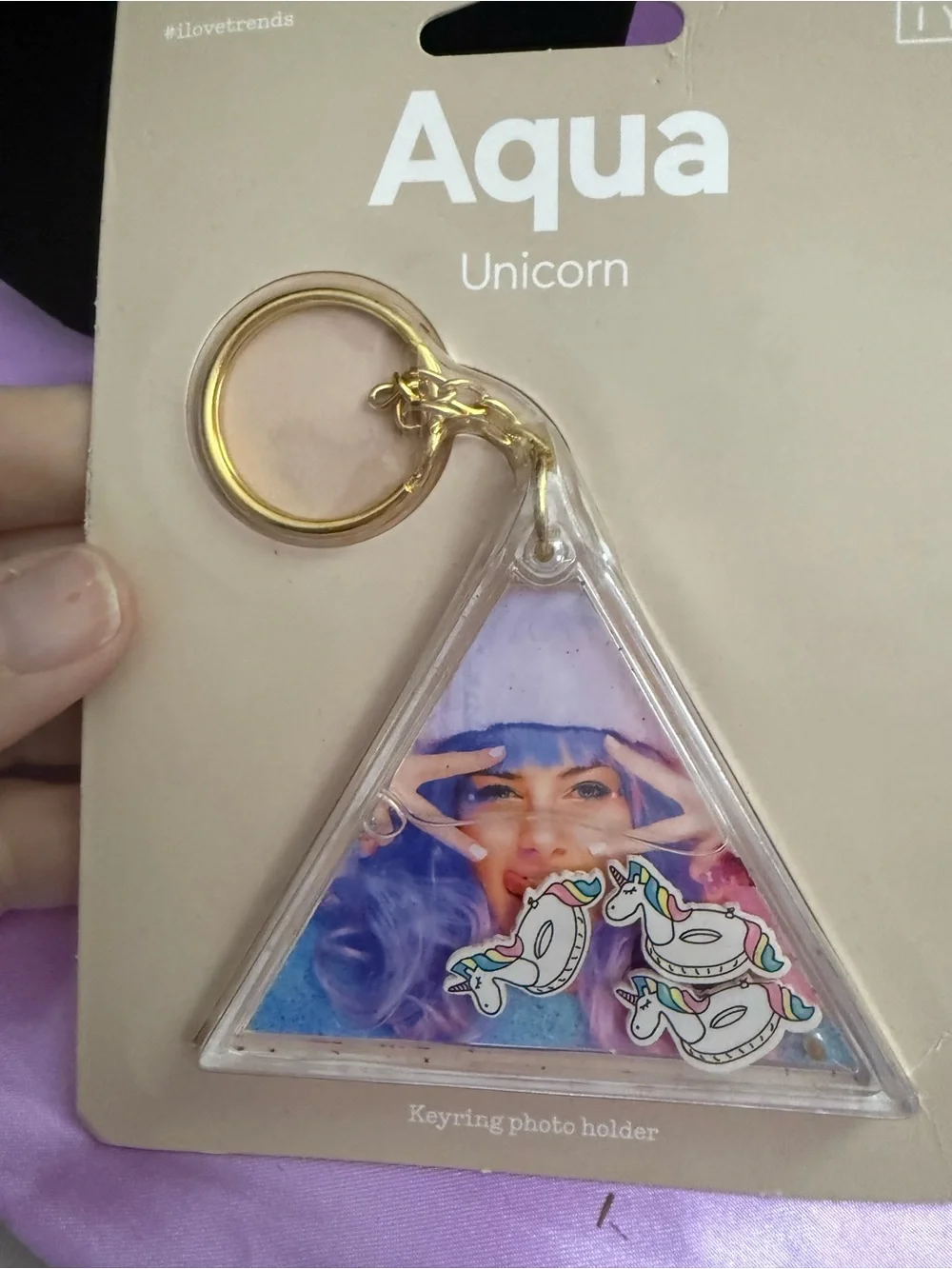 Aqua Gold & Purple Unicorn Triangle Keyring Photo Holder